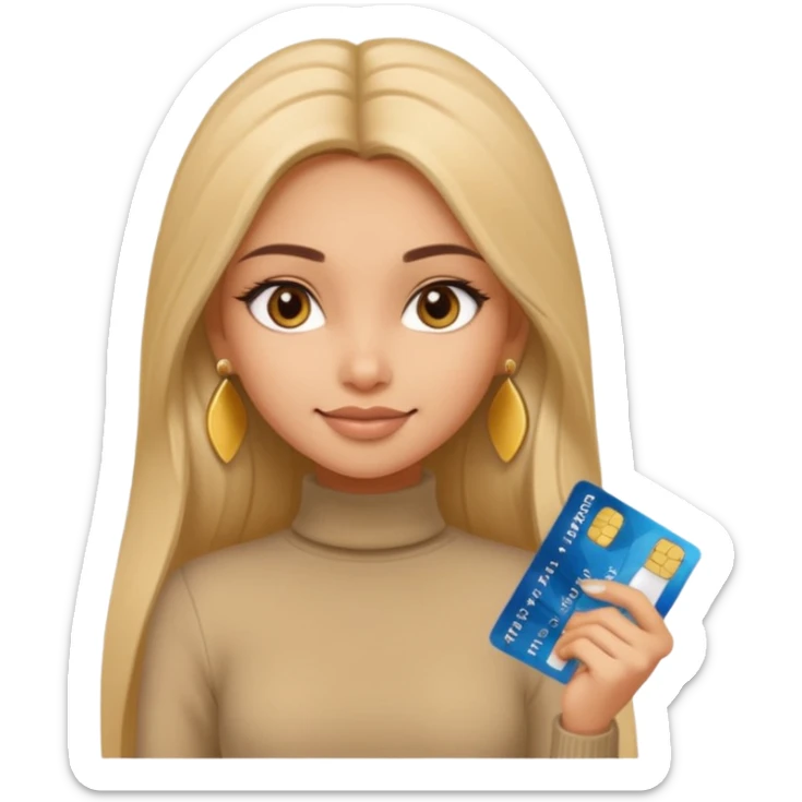 a pretty bratz fair indian girl wearing a beige turtleneck, golden earrings, straight ling hair, holding bank cards sticker