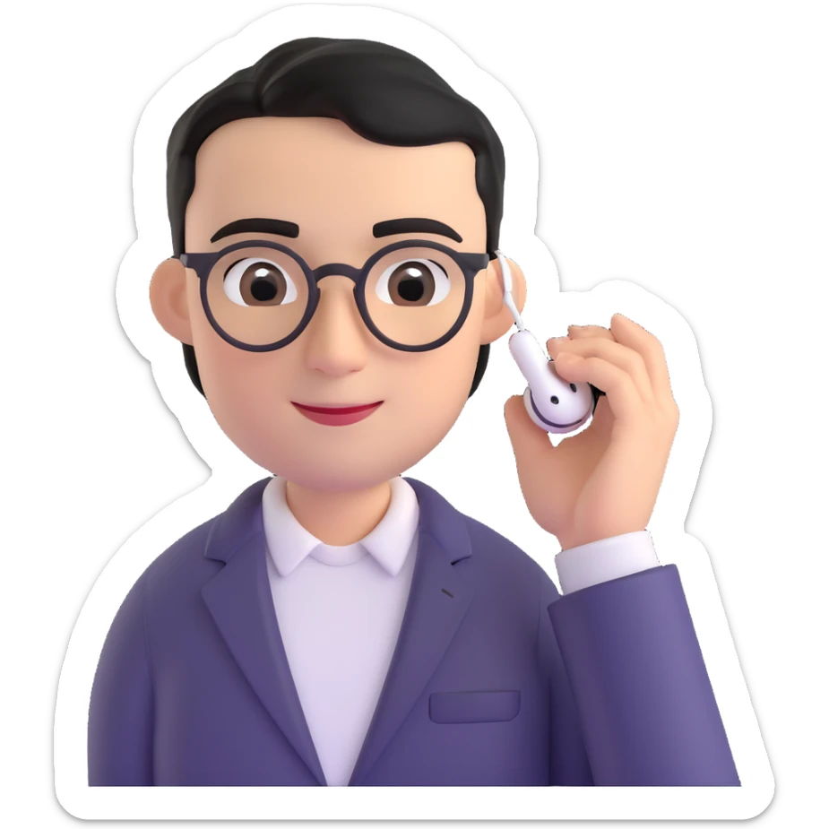 Memoji-style 3D cartoon male avatar, light skin, short black hair, parted slightly, large black eyes, thin arched eyebrows, small sharp nose, smiling, round glasses, silver AirPods Max, black blazer, white T-shirt, relaxed and smart, curious and attentive, podcast host sticker