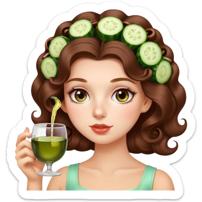 Beautiful girl with long brown hair with curlers in hair and cucumber on eyes, sipping wine from teacup sticker