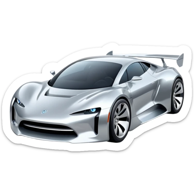 A low-profile futuristic car emoji made of polished silver chrome, wide body stance, smooth aerodynamic shape, glossy metallic surface, soft reflections, luxury swag aesthetic, minimal details, iOS emoji style, centered on clean white background, studio lighting sticker