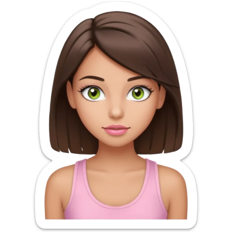 Create a teen girl wearing a light pink tank top. She will have brunette hair, tan skin, pink lips, and grey-green eyes. She has long eyelashes. sticker
