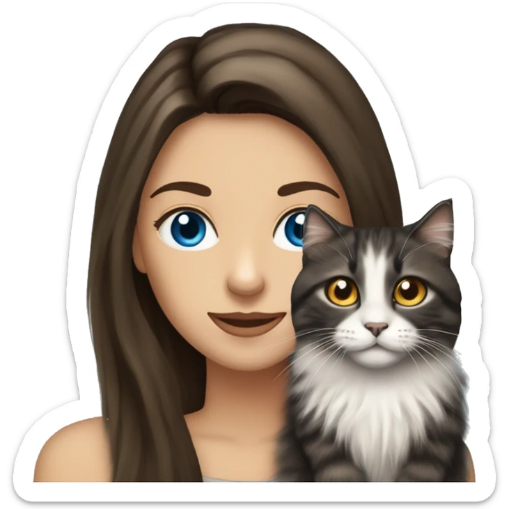 long straight haired blue eyed brunette woman holding norwegian forest cat with amber eyes sticker