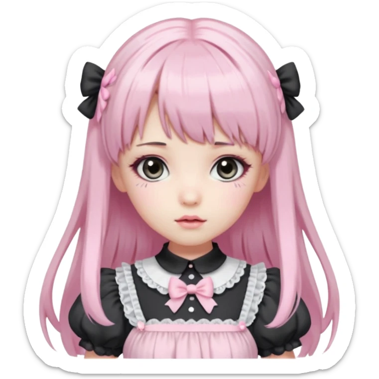 pale girl with straight, long black and baby pink swirled hair with bangs, grey eyes, doll-like makeup, wearing a light pink lolita hime gyaru dress sticker