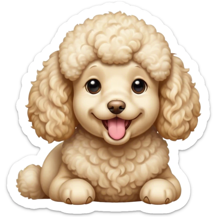 Cinematic Cute Yawning Cream Poodle Portrait Emoji, Head tilted slightly with a dramatic, wide-open yawn, displaying a soft, curly cream Fur with delicate texture, floppy ears slightly drooping, round warm eyes barely open in drowsy contentment, Simplified yet irresistibly adorable features, highly detailed, glowing with a soft, cozy glow, high shine, relaxed yet expressive, stylized with a touch of whimsy, bright and endearing, soft glowing outline, capturing the essence of a sleepy yet affectionate companion, so drowsy it feels like it could stretch right out of the screen and curl up for a nap! sticker
