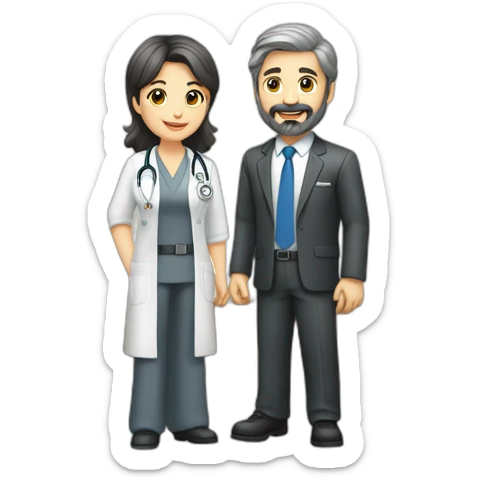 husband caucasian dark gray hair trimmed beard wearing business suit holding bible, wife asian age 55 dark hair nurse uniform, no children sticker