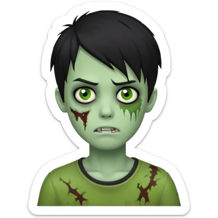 boy zombie with black hair, emo hairstyle covering one eye, pale green skin sticker