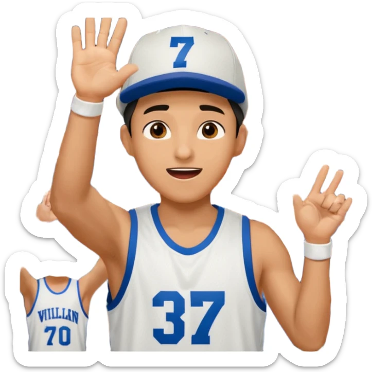 Maverick Trevillian in the crowd at an amateur basketball game. He leans towards the camera and enthusiastically shouts "six seven while performing a distinctive hand gesture: both hands open, palms facing upward, moving up and down as if weighing two options. sticker