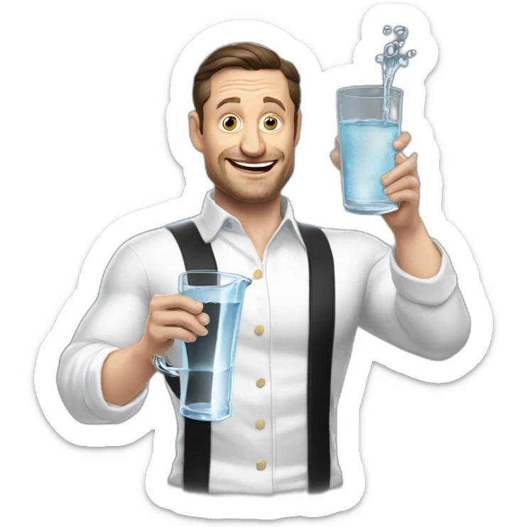 tim robinson dark black slicked back hair white long underwear waffle shirt pouring water from glass onto steak sticker