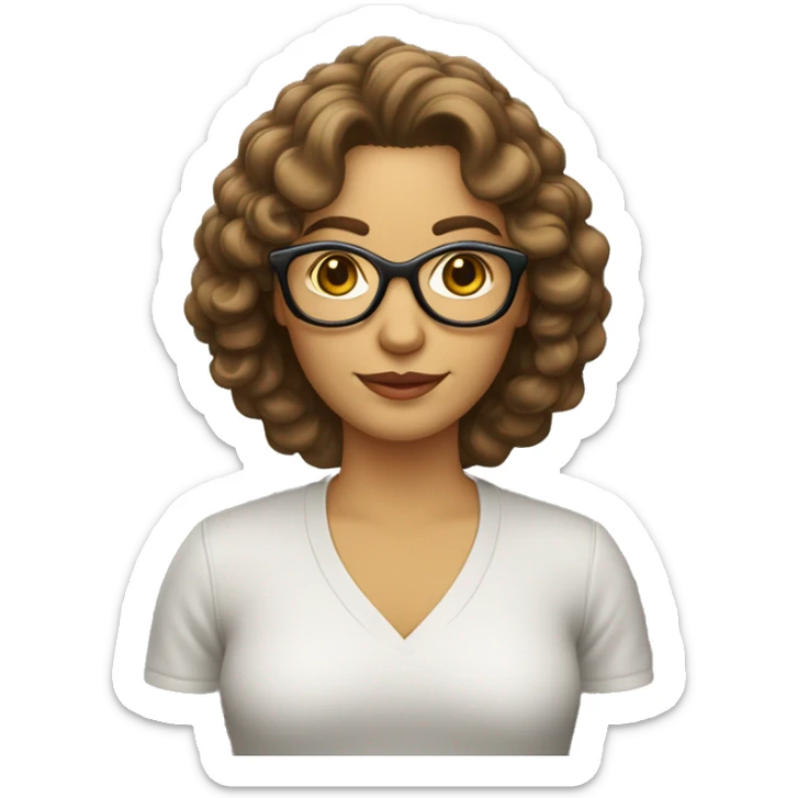 mujer de 40 años, pelo rizado castaño claro por los hombros y con gafas  sticker