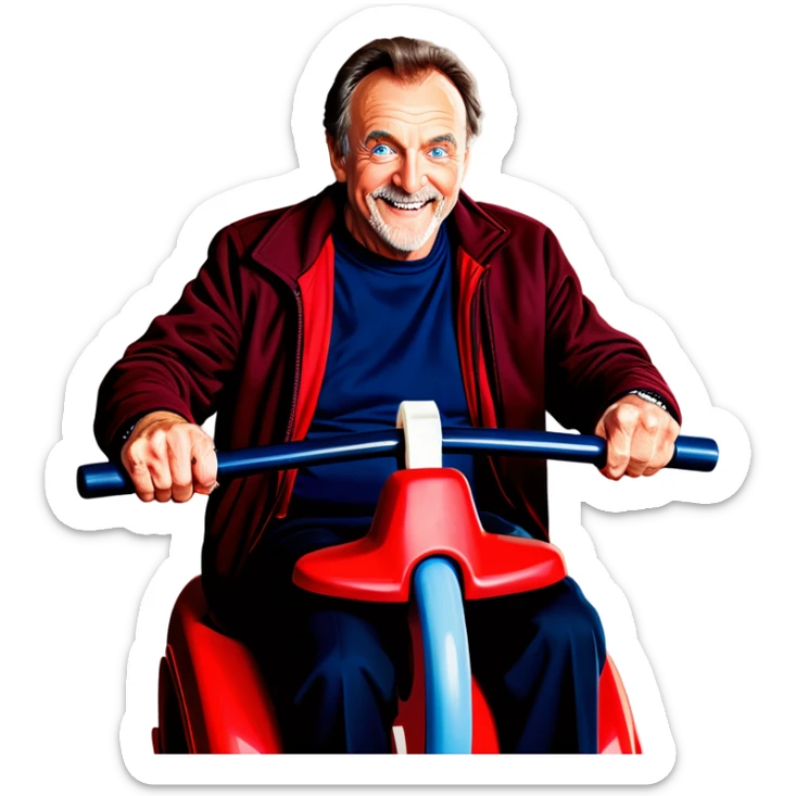 60 year old man with brown hair and blue eyes, pretty fit, no facial hair, riding a red roller coaster sticker