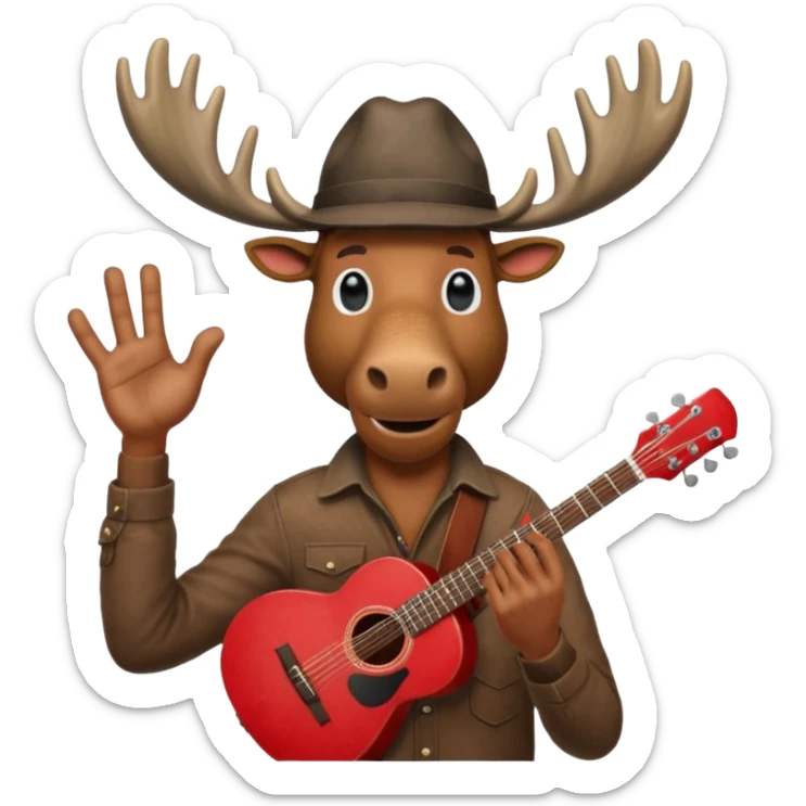 A man with a moose head in alaska pointing a red guitar directly up in the air. Make the graphics gritty and realistic like the moose man is a villian in a high budget batman movie. It needs to be 100 times more dark themed and realistic. Like your batman characters  sticker