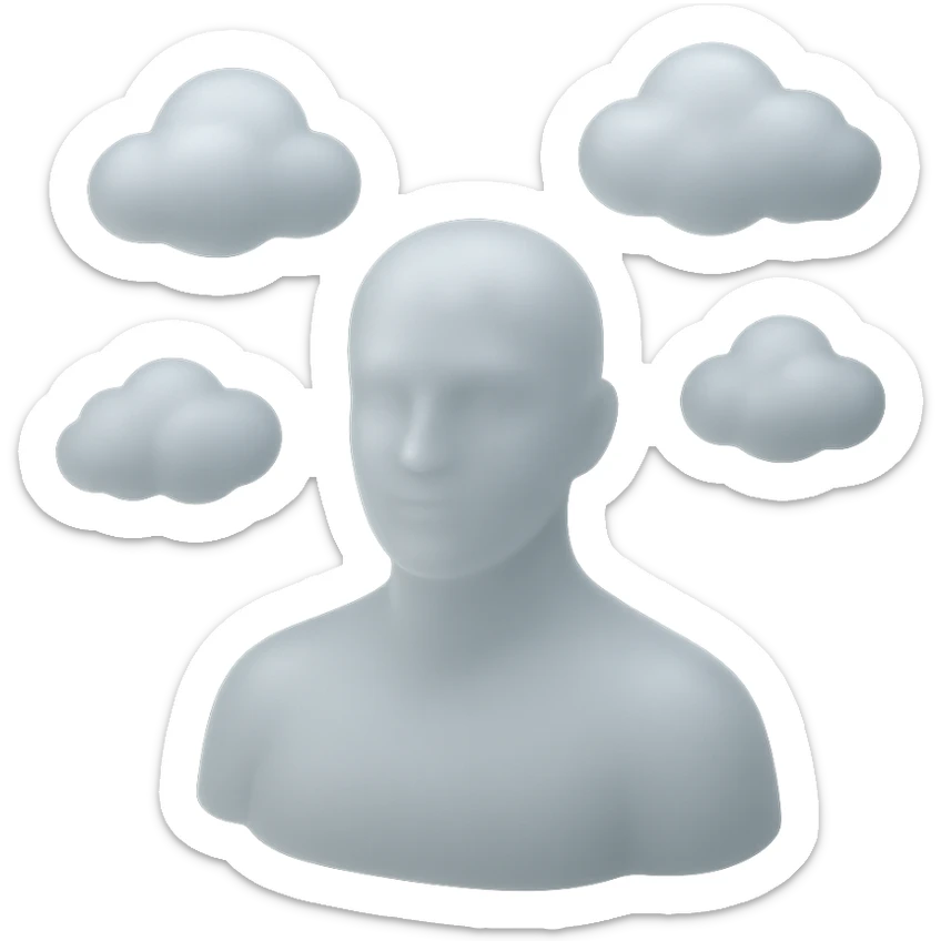 person looking straight, fully made of white fluffy convex clouds, shoulders, matte glass style sticker