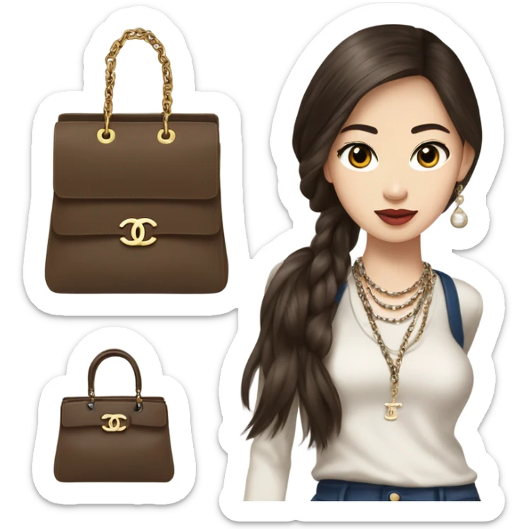 Realistic brown hair blue eyes Chanel Asian Girl with Birkin bag and Chanel necklace sticker