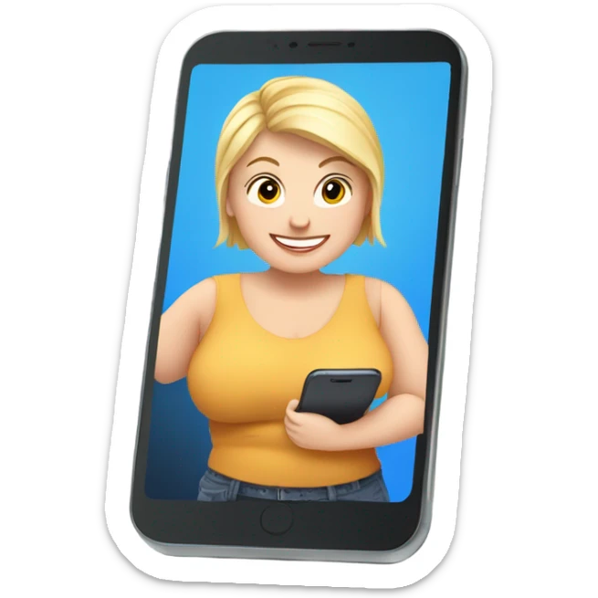 overweight blondie woman happy with a smartphone in hands showing charts sticker
