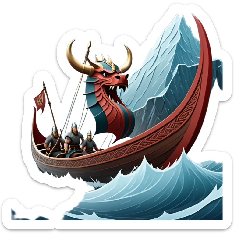 clash-of-clans-aesthetic_-cinematic-viking-longboat, rendered in a flat, bold vector style with minimal shading, featuring a striking dragon-headed prow slicing through icy, churning waters. shields on the side and vikings rowing The longboat’s intricately detailed shields and carved motifs evoke a sense of epic adventure and Nordic might, with billowing sails catching a dramatic, stormy sky backdrop. sticker