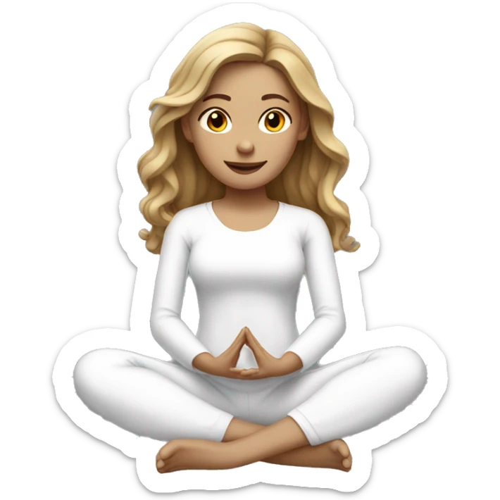 Girl Long Wavy dark Blonde hair yoga pose sitting white clothes sticker