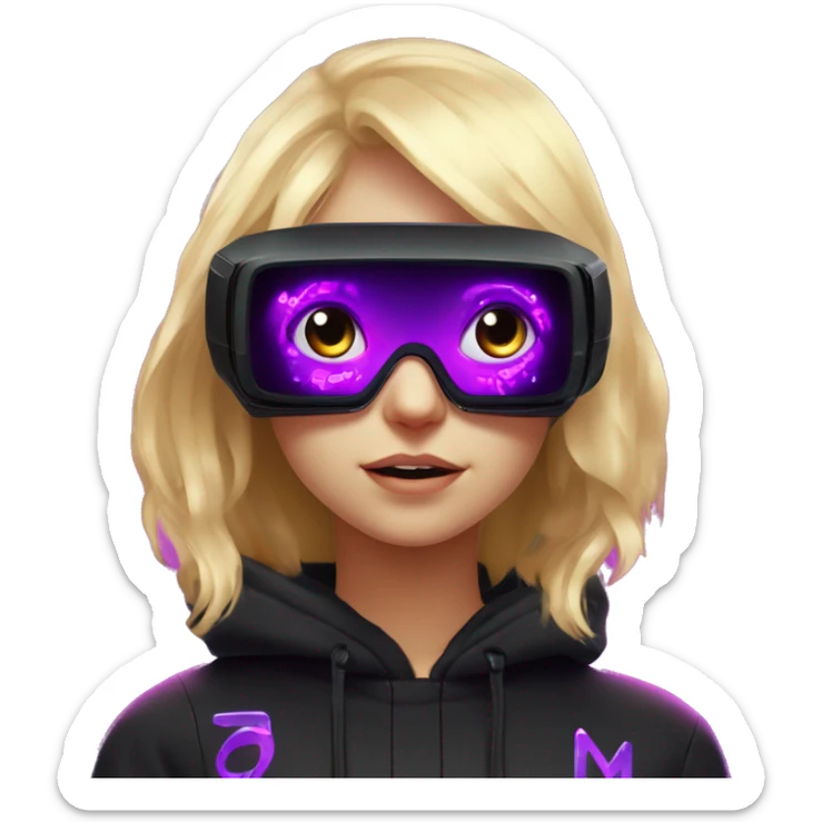 Russian cute blond student girl wearing black hoody with violet letters "OMG", in vr headset. No eyes. Cyberpunk style. Violet neon. sticker