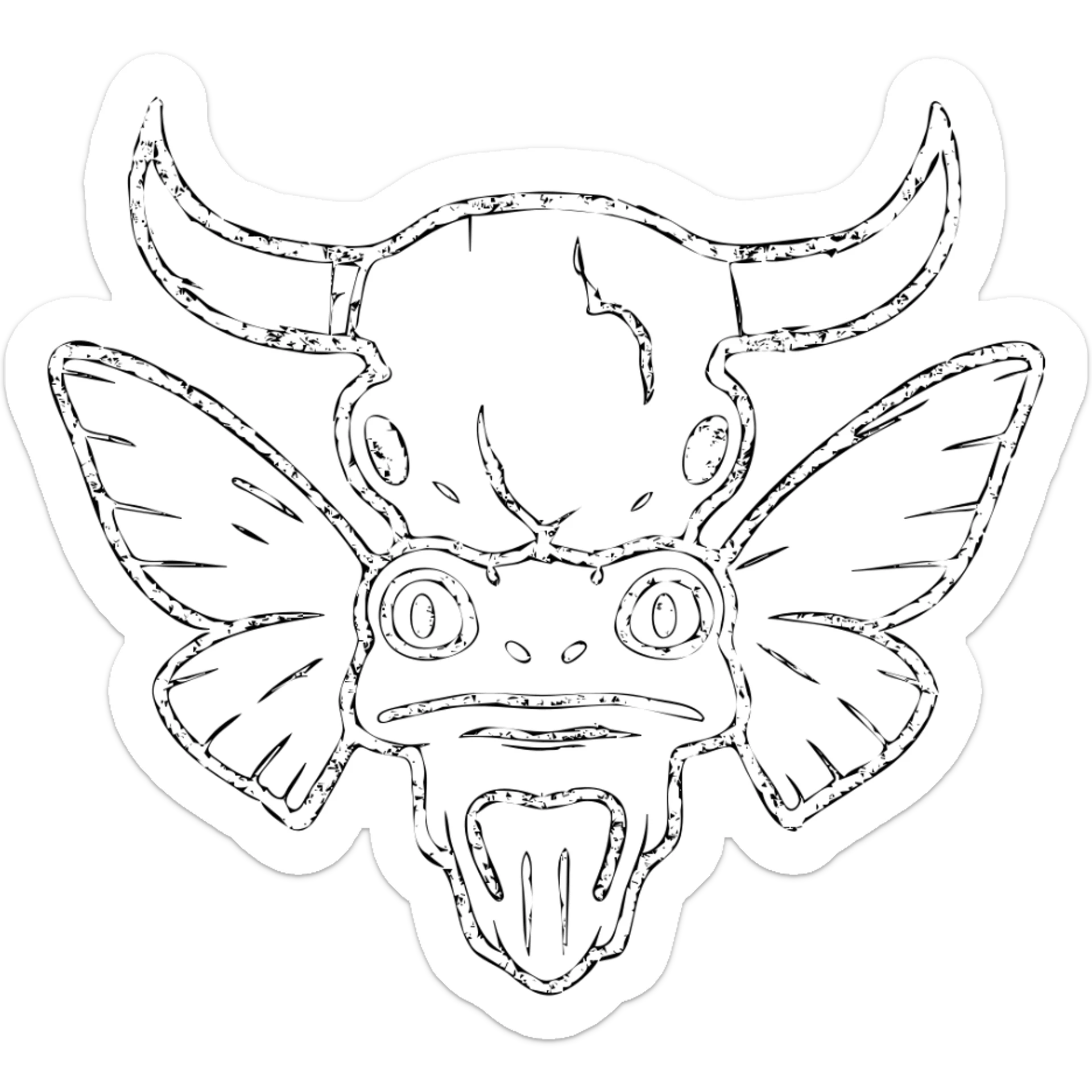 a terrifying minimal red line art of a hybrid monster combining minotaur skull with horns, stoat face elements, frog mouth/eyes, and moth wings sprouting from skull, transparent hollow center, distressed appearance with deliberately missing sections, smudged edges, torn lines, and weathered texture, sparse red lines only sticker