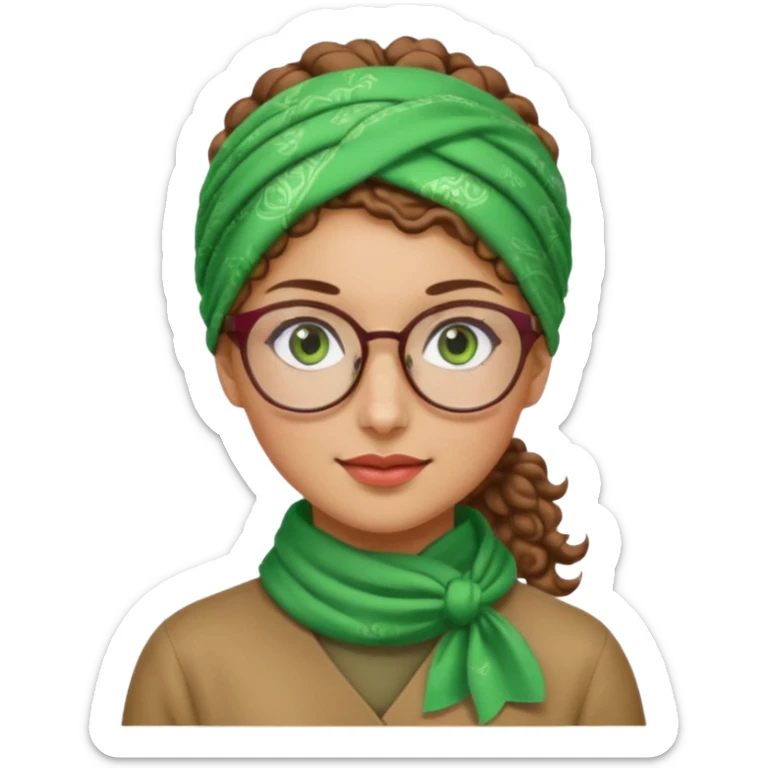 iranian woman, tight curly light brown hair in pony tail, glasses, green eyes, pretty, oval shape face sticker