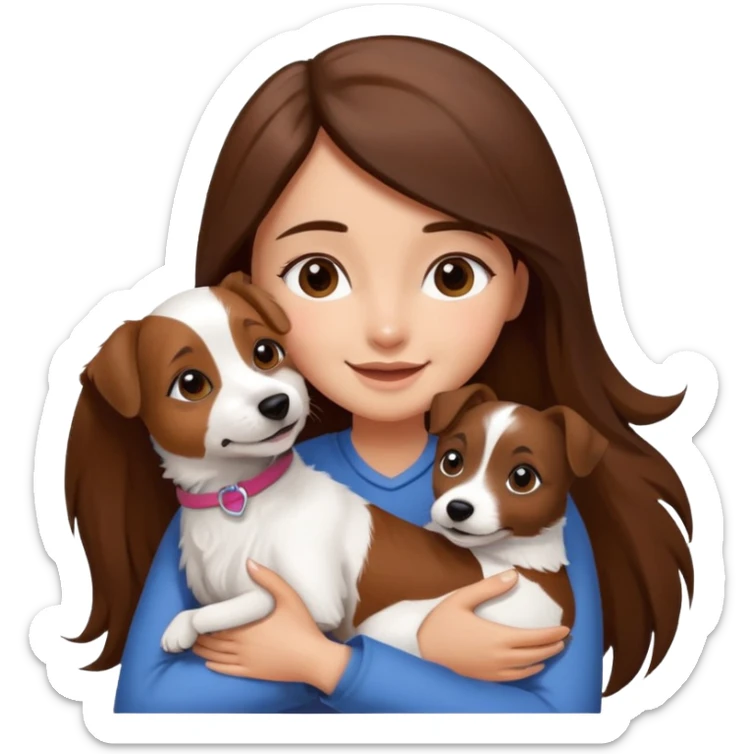 a girl and her dog, one little jack russell coloured dark brown and white. She hugs it. She has long hair.  sticker