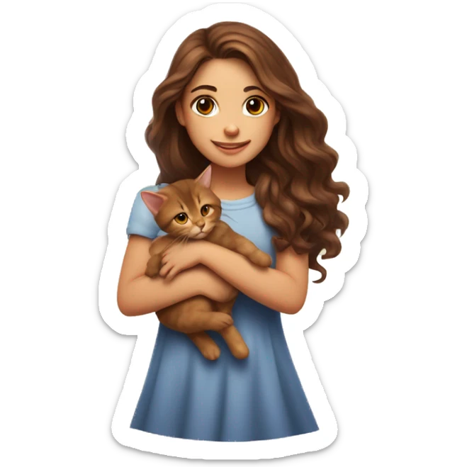 A girl with long wavy brown hair and brown eyes holds a small red kitten sticker