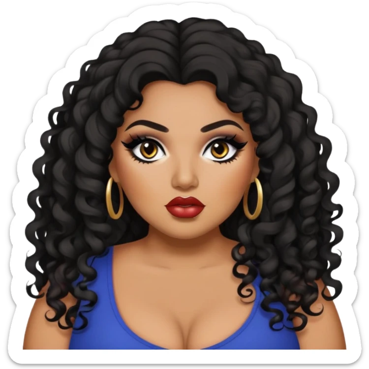 glasses, big plus size, darker tan skin, long black curly hair, baddie,pretty, makeup, lipliner, black eyeliner, long hair sticker