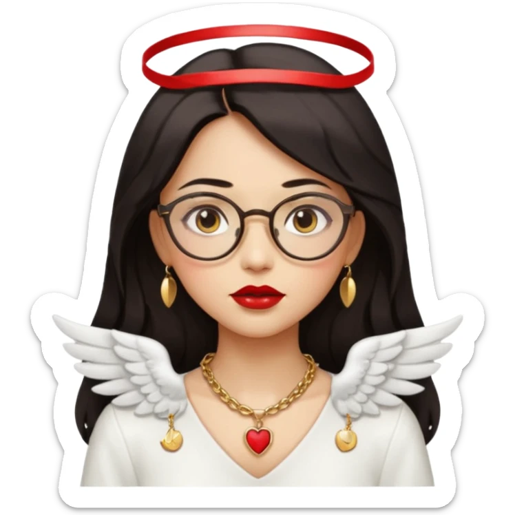 Angel girl with eyeglasses and Middle parted hair long dark hair with red lipstick  and push gold necklaces and dark eyes with withe wings sticker