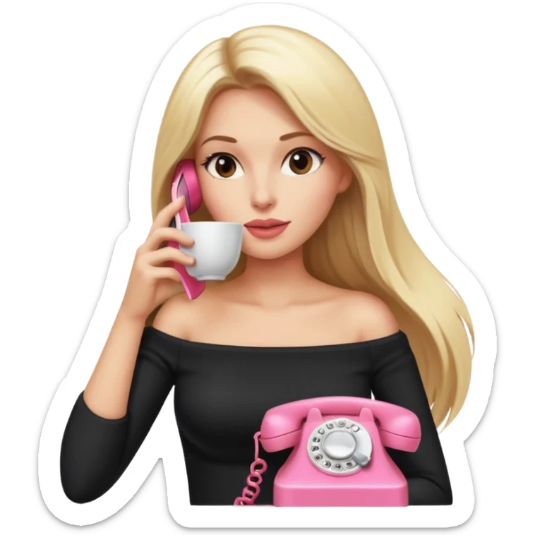 woman with straight long blond hair, gossiping on a pink analogue phone, holding a tea cup, wearing an off-shoulder black top, red face sticker