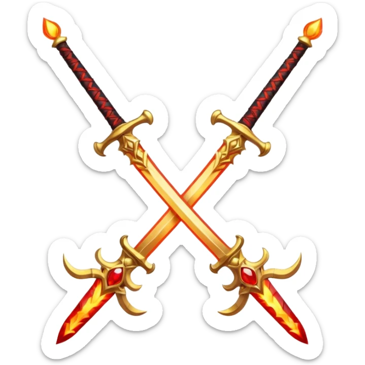 Two powerful on fire fully golden fiery royal crossed swords with red gems sticker