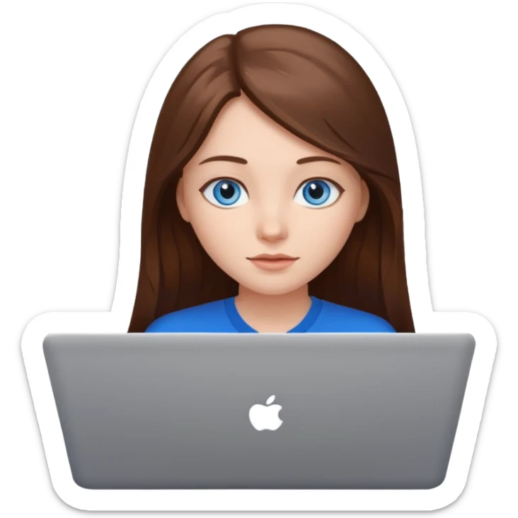 A girl with blue eyes and long brown hair with a laptop sticker