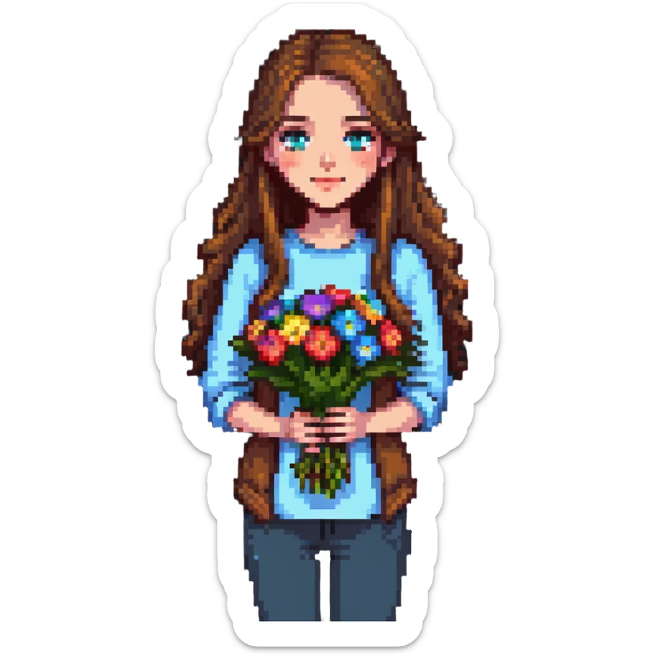 Cool girl with long brown hair holding a bouquet of flowers sticker