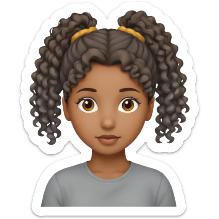 A girl Brown girl with a curly ponytail and has a Gray shirt and eyes are brown  sticker