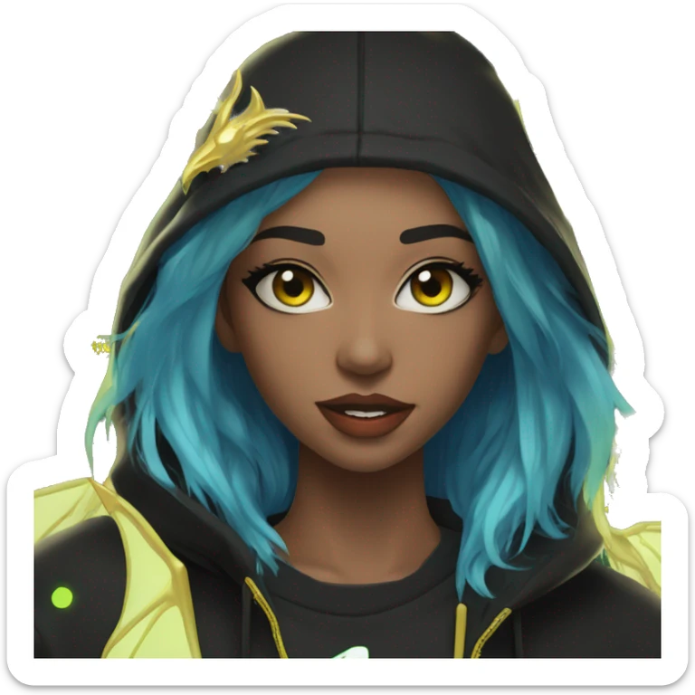 Lady with brunette and iridescent blue hair, gold, lime green dragon wings, black hoodie, bleach dyed, black and gold Nike t shirt, and bright red eyes sticker