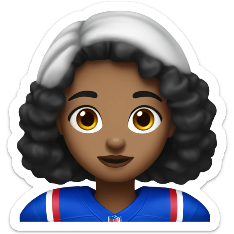 Girl with black hair and freckles wearing buffalo bills jersey sticker