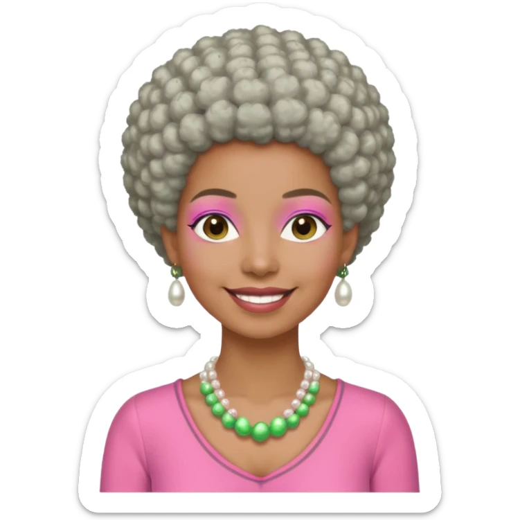 Brown woman with very short gray Afro  wearing pink and green outfit and pearl necklace  sticker