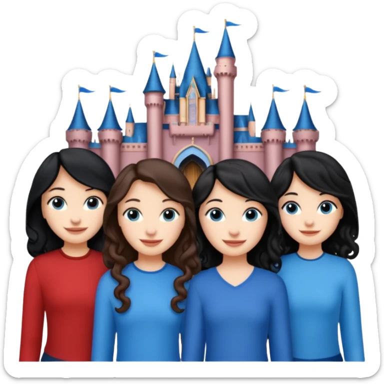 Castillo de Disney y por detrás o delante pon a quatro chicas: una con el pelo largo rizado marrón , otra con el pelo muy corto negro, como un chico, otra con el pelo mediano liso marrón con ojos azulesy otra con el pelo negro largo liso . Todos son color carne.  sticker