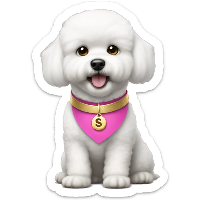 bichon dog wearing a pink collar with a gold coin shaped tag with the letter "S" hanging from the collar sticker