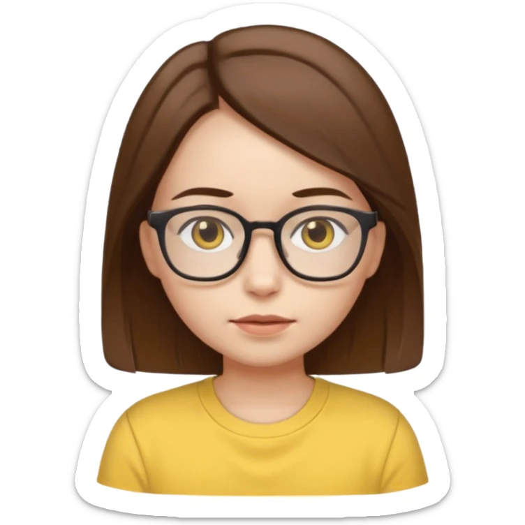 female with white skin. Shoulder length straight brown hair. Brown eyes with glasses. Female wearing baby yellow shirt. sticker