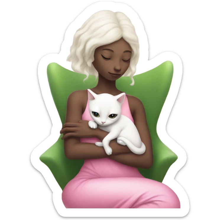 Reptilian alien woman, in meditation pink dress hugs a white cat sticker