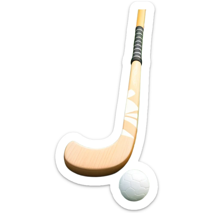 A field hockey stick and ball positioned on a vibrant green grass field, with the goalposts and clear field markings in the background. The scene highlights the lush, well-maintained turf, emphasizing the speed and precision of the sport in an energizing outdoor setting. sticker