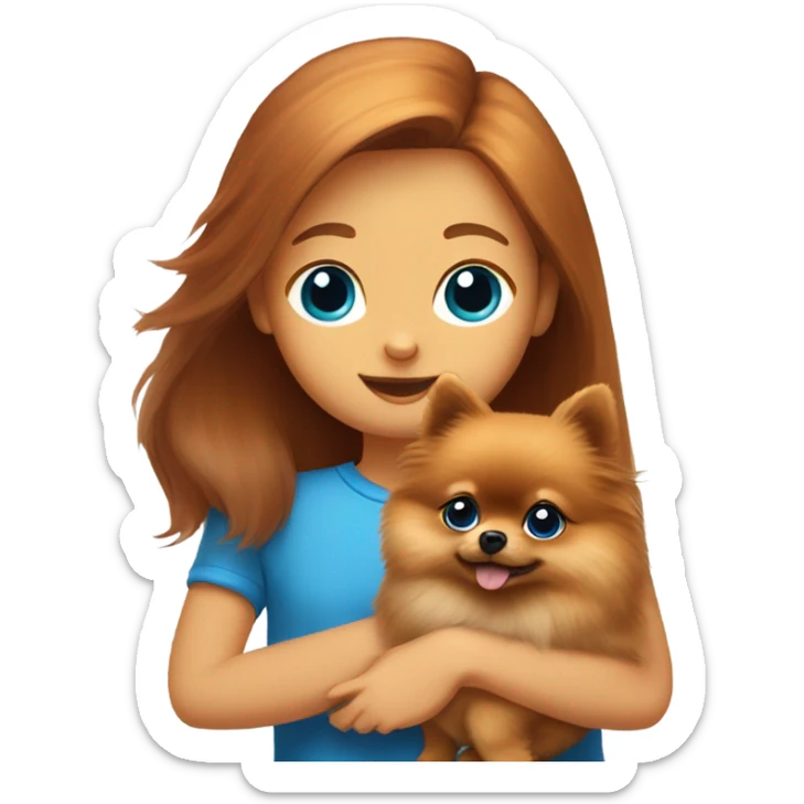 A red-haired pomeranian sits in the arms of a brown-haired girl with blue eyes sticker