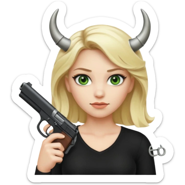 Emoji femme blonde cheveux blond, yeux vert avec de long cils noir qui porte un pistolet et à des cornes  sticker