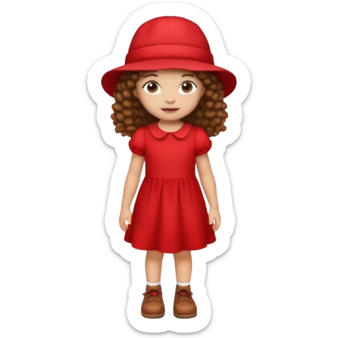 little girl with brown curly hair, light skin, wearing a red dress, red hat, and brown shoes, emoji style icon sticker