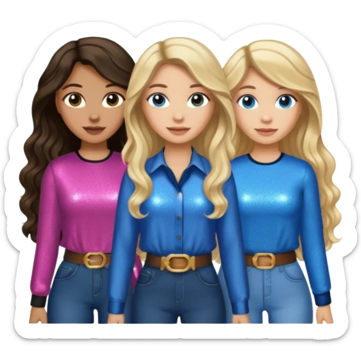 Three women with devil fairy horns, brown eyed light skin with dark blonde long hair and Brown eyed light skin black long wavy hair and blue eyed light skin long blonde hair wearing cute country glitter outfits sticker