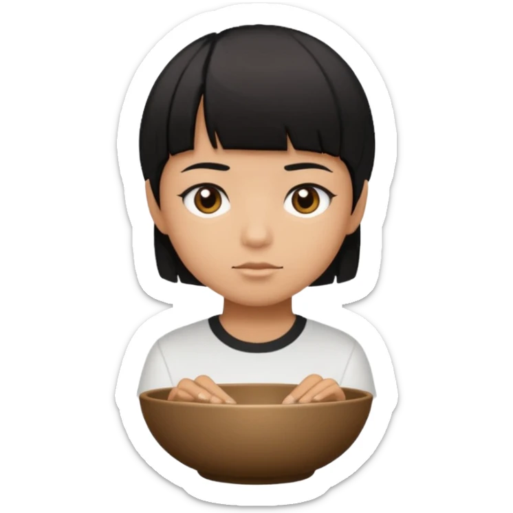 cabelo liso preto com volume no formato de tigela, olhos marrom escuros, camisa branca, pele morena mas mais branca do que morena sticker