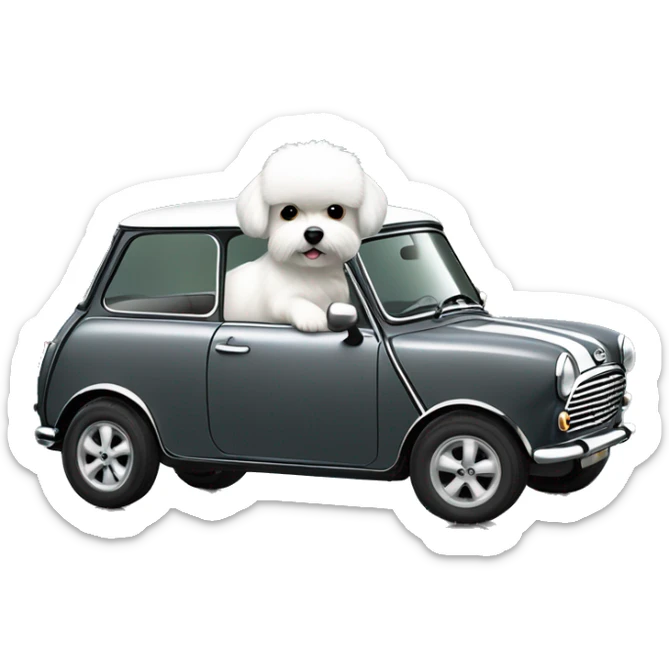 little white fluffy dog driving a dark- gray retro mini cooper 1600 CS with black wheels sticker
