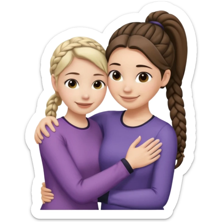 Comforting Hug two white skin women, one shorter woman with medium brown simple top ponytail, not braided, and one taller woman with a single long black side braid sticker