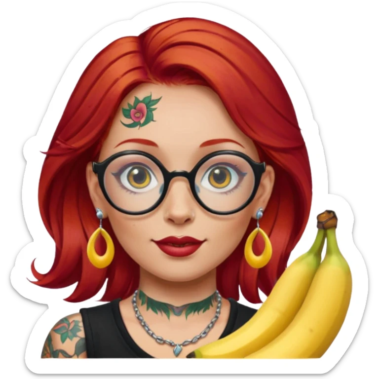 red hair woman with extra  big earring and face tattoed and wearing big banana glasses sticker