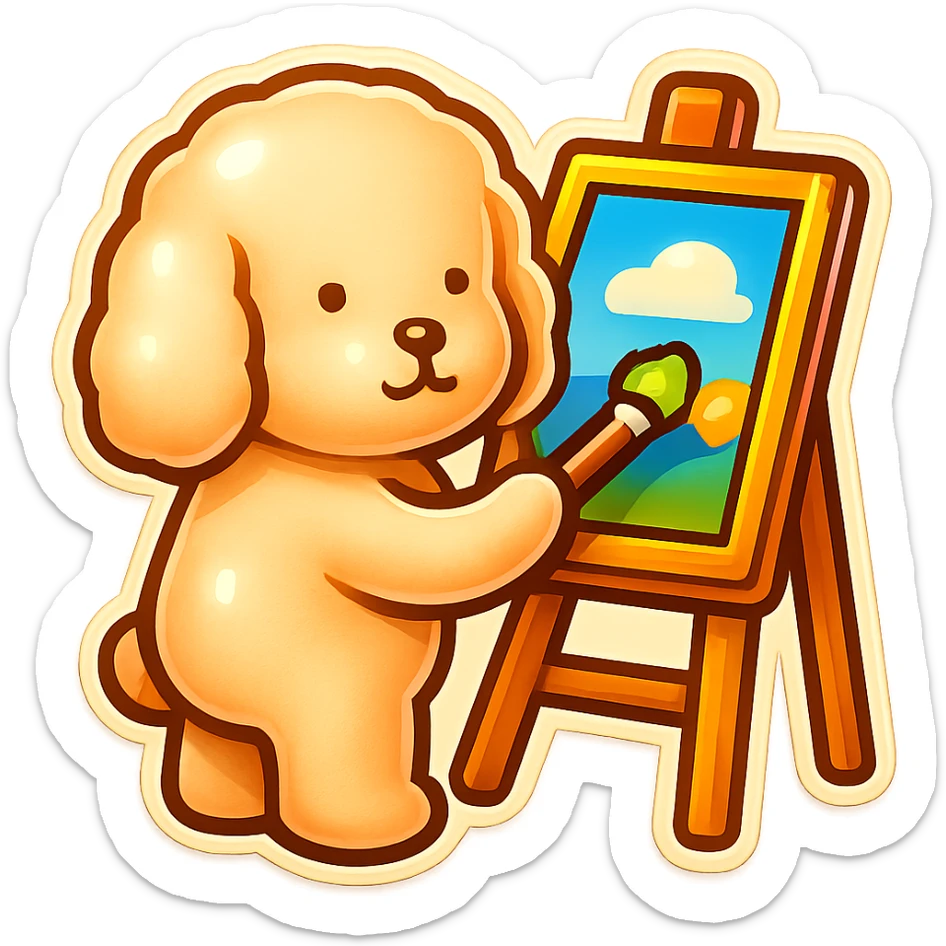 Edit the sticker of the cute dog character painting on an easel, maintaining the original retro stickers style, with a white background. sticker