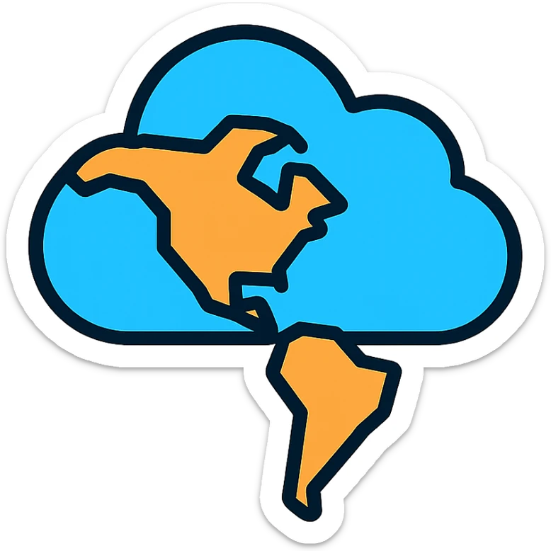 icon of a cloud merged with a map of the Americas, bold lines, minimalistic sticker